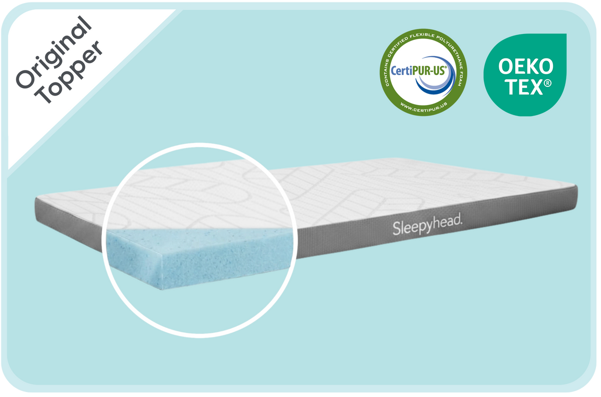 A mattress topper product graphic on a light blue background, showing a white top surface with a gray side edge and a circular inset highlighting a light blue foam layer. Text reads 'Original Topper' and 'Sleepyhead,' with CertiPUR-US and OEKO-TEX certification logos at the top right.