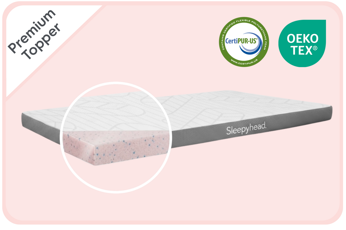 A Sleepyhead Premium Topper mattress shown on a light pink background with CertiPUR-US and OEKO-TEX certification badges. A circular inset highlights the textured top surface and speckled pink inner layer.